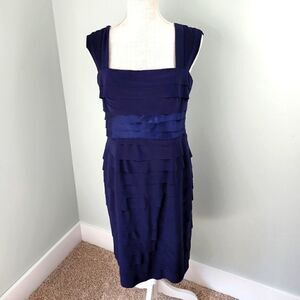 JONES NY WOMEN'S LAYERED TIERED RUFFLE SHEATH  NAVY BLUE DRESS SIZE 10